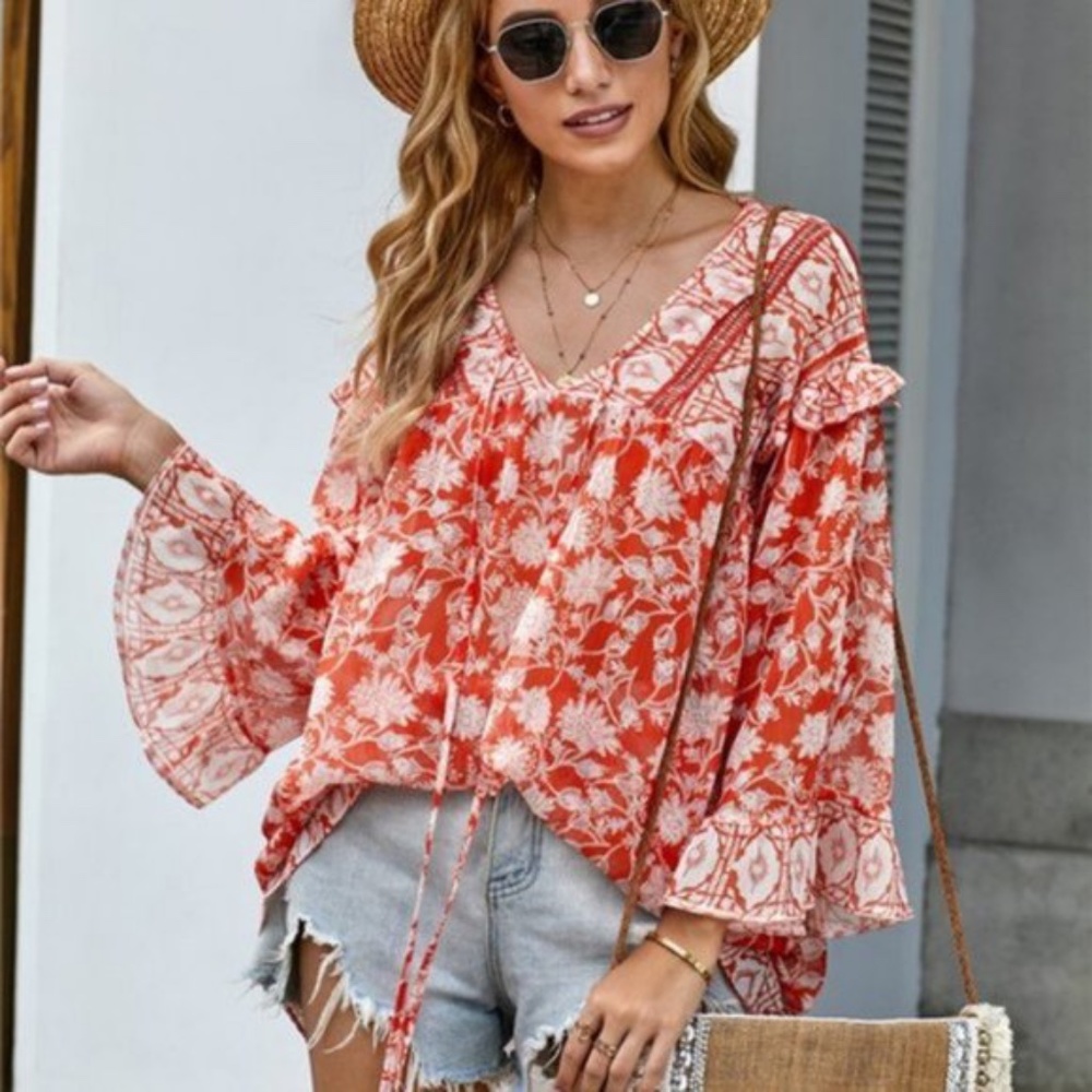 bohemian orange v neck floral print babydoll blous